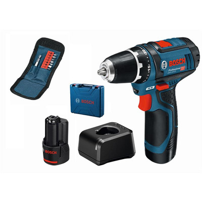 Шуруповерт-дрель аккумуляторная Bosch Professional GSR 12V-15, 12В 2х2А/час, 15-30Нм, 0-400/400-1300 об/мин, ЗУ GAL 12V-20, набор 10 бит, кейс, 1 кг.