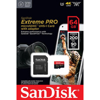 SanDisk Карта памяти microSD 64GB C10 UHS-I U3 R200/W90MB/s Extreme Pro V30+SD