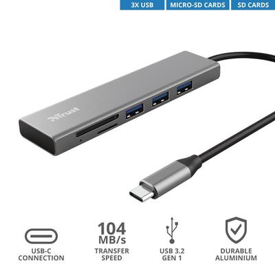 Хаб Trust Halyx USB-С > 3xUSB-А 3.2/SD/microSD, Алюміній, 0.15м, Сірий