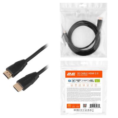 Кабель HDMI (M/M) 2Е, 2м, 2.0, Slim High Speed Aluminum, черный