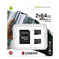 Карта пам`яті MicroSDXC 2x64GB UHS-I Class 10 Kingston Canvas Select Plus R100MB/s + SD-адаптер (SDCS2/64GB-2P1A)