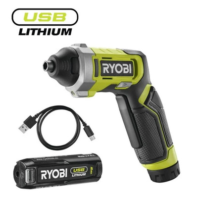 Викрутка акумуляторна Ryobi RSD4-120T, 4В USB Lithium, акб 1х2А•год, 5Нм, 200об•хв, кейс для зберігання, 10 насадок, 0.37кг