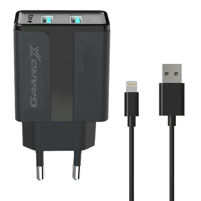 Сетевое зарядное устройство для Grand-X (1xUSB 2.4A) Black (CH15LTB) + кабель Lightning