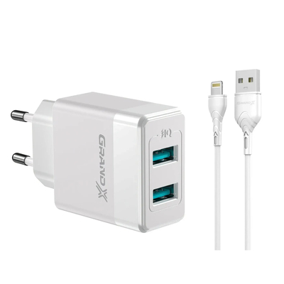 Сетевое зарядное устройство Grand-X (2xUSB 2.4А) White (CH-50WL) + cкабель Lightning