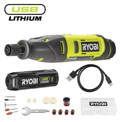 Шліфмашина пряма Ryobi RRT4-120GA15, 4В USB Lithium, акб 1х2Ач, набір аксусуарів