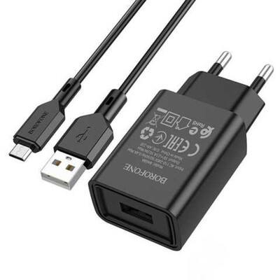 Мережевий зарядний пристрій Borofone BA68A, Cable Micro, 1xUSB-A, 2.1A, Black