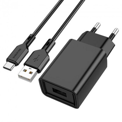 Мережевий зарядний пристрій Borofone BA68A, Cable Type-C, 1xUSB-A, 2.1A, Black