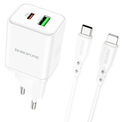 Сетевое зарядное устройство для Borofone BN7, Cable Type-C to Lightning, PD 20W, QC 3.0, White