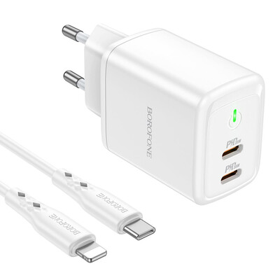 Сетевое зарядное устройство для Borofone BN9, Cable Type-C to Lightning, PD 35W, QC 3.0, White