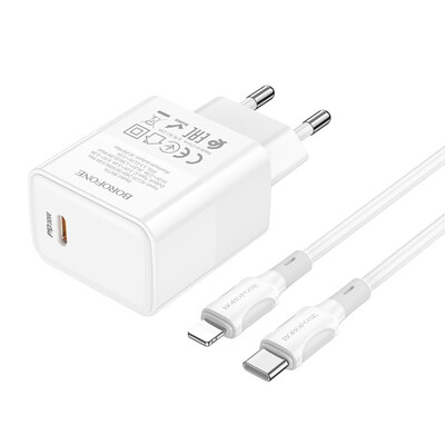 Сетевое зарядное устройство для Borofone BA77A, Cable Type-C to Lightning, PD 30W, QC 3.0, White