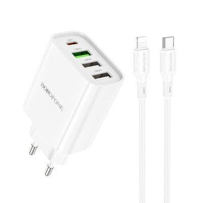 Сетевое зарядное устройство для Borofone BA79A, Cable Type C to Lightning, PD 20W, QC 3.0, White