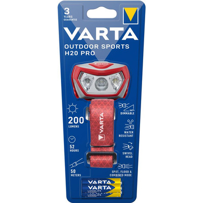 Ліхтар VARTA Налобний Outdoor  Sports H20 Pro IPX4, до 200 люмен, до 50 метрів, біле/червоне світло,  3хААА