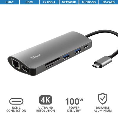 Хаб Trust Dalyx 7-IN-1 USB-С > 2xUSB-А 3.2/USB-С/HDMI/Ehernet/SD/microSD, Алюміній, 0.25м, Сірий