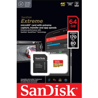 Карта пам`ятi MicroSDXC 64GB C10 UHS-I SanDisk Extreme V30 U3 R170/W80MB/s + SD (SDSQXAH-064G-GN6MA)