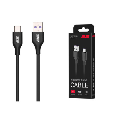 Кабель USB-A > USB-C зарядки/синхронизации 2E, 1м, Type-C, Glow, черный