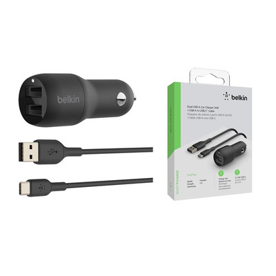 Зарядний пристрій автомобільний Belkin 24Вт 2хUSB-A, кабель USB-A > USB-C, 1м, чорний