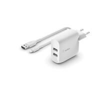 Зарядний пристрій мережевий Belkin 24Вт 2хUSB-A, КабельUSB-A > Lightning, 1м, білий