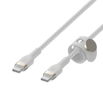 Кабель USB-C > USB-C заряджання/синхронізації Belkin 1м, 60Вт, Type-C, плетений, силіконовий, з ремінцем на магніті, білий