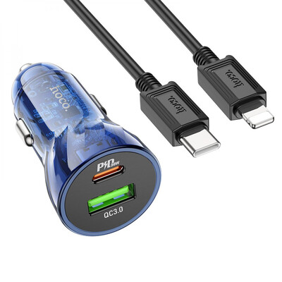 Автомобильное Зарядное Устройство Hoco Z47A Transparent PD 30W, QC3.0, Cable Type-C to Lightning, Blue