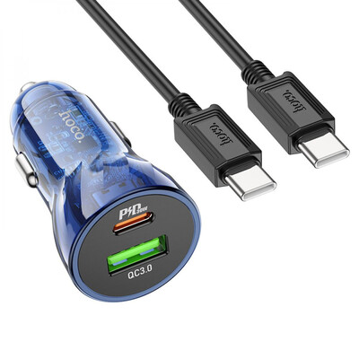 Автомобильное Зарядное Устройство Hoco Z47A Transparent, PD 30W, QC3.0, Cable Type-C to Type-C, Blue