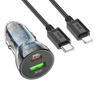 Автомобільний Зарядний Пристрій Hoco Z47A Transparent PD30W, QC3.0, Cable Type-C to Lightning, Black