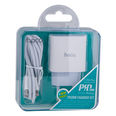 Сетевое зарядное устройство Hoco C76A Plus, PD 20W, Cable Type-C to Lightning, White