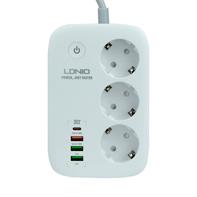 Мережевий Подовжувач LDNIO SEW3452 3xSocket/Type-C/3xUSB-A/QC3.0/WiFi, White