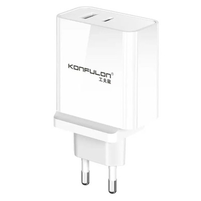 Мережевий Зарядний Пристрій Konfulon C75, Type-C PD 65W Max, USB-A 30W, White