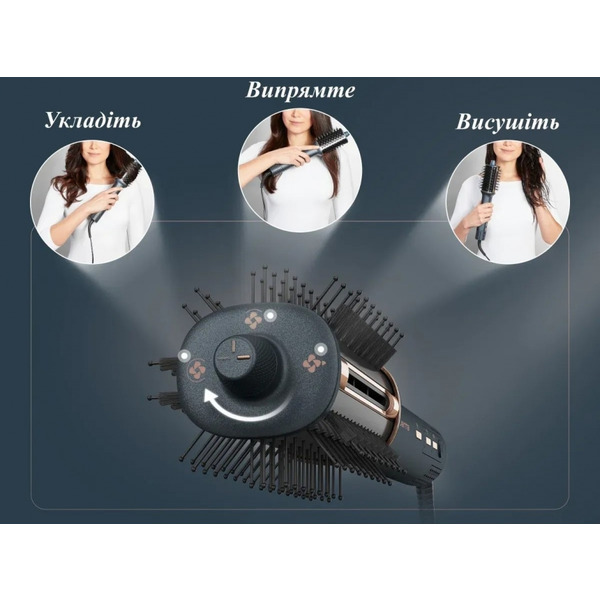 Фен-щітка Rowenta Air Brush 3D, 1200Вт, 3 режими, іоніз-я, хол. обдув, функція фену, кераміка, чорно-золотий