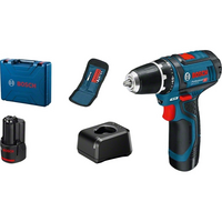 Шуруповерт-дрель аккумуляторная Bosch Professional GSR 12V-15, 12В 2х2А/час, 15-30Нм, 0-400/400-1300 об/мин, ЗУ GAL 12V-20, набор 10 бит, кейс, 1 кг.