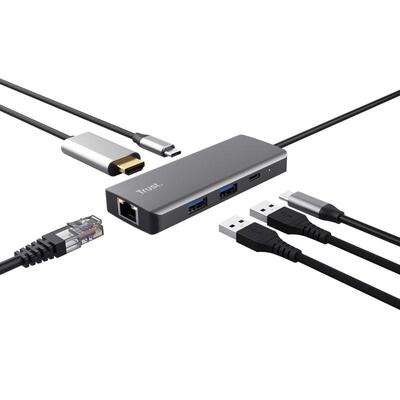 Хаб Trust Dalyx  6-in-1 USB-С > 2xUSB-А 3.2/2хUSB-С/HDMI/Ehernet, Алюміній, 0.2м, чорний