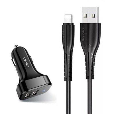 Автомобильное зарядное устройство Usams U35 (2xUSB, 2.1A) Black (6958444985961) + кабель Lightning