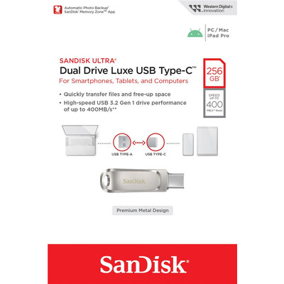 Накопичувач SanDisk  256GB USB 3.1 Type-A + Type-C Dual Drive Luxe Срібний