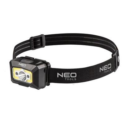 Neo Tools Ліхтар налобний, 250 люмен, 3Вт, USB, 1200 мАг, COB+XPE LED, 5 функцій освітлення, червоне світло, датчик руху, індикатор заряду