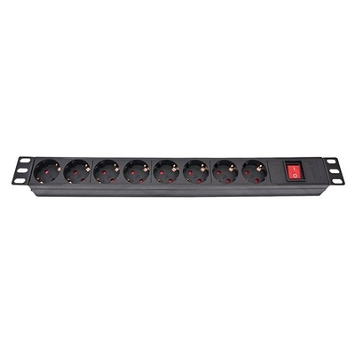 Блок розеток Atcom 1U 19" (PDU-8W-C2С-WS) 8 розеток, с выключателем, алл. корпус, немецкий тип, 2,0 м, черный