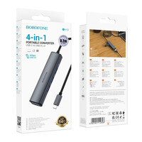 USB-хаб Borofone DH12, 4 in 1, Type-C to 4xUSB 3.0, 0.2m, Gray