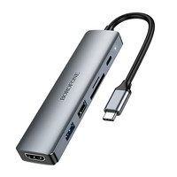 USB-хаб Borofone DH15, 6 in 1, Type-C to HDMI/Type-C/1xUSB 3.0/1xUSB 2.0/SD/TF, 0.15m, Gray