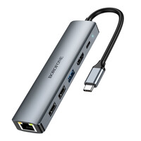 USB-хаб Borofone DH16, 6 in 1, Type-C to HDMI/Type-C/1xUSB 3.0/2xUSB 2.0/RJ45, 0.15m, Gray