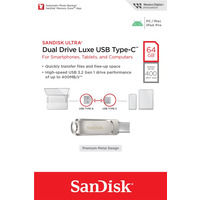 Накопитель SanDisk   64GB USB 3.1 Type-A + Type-C Dual Drive Luxe Серебристый