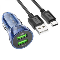 Автомобільний Зарядний Пристрій Hoco Z47 Transparent, QC3.0, PD 18W, Cable Type-C, Blue