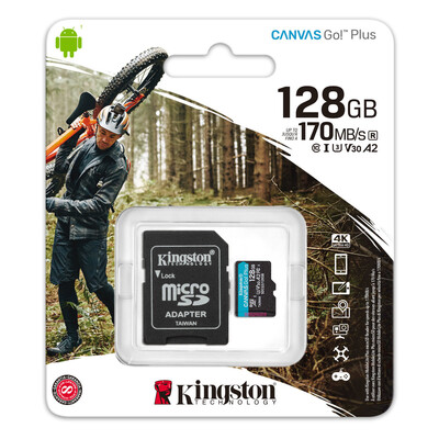 Карта пам'яті Kingston Canvas Go Plus, 128Gb, micro SDXC UHS-1 U3, class 10, A2 V30, adapter SD