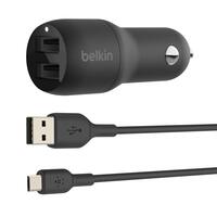 Зарядний пристрій автомобільний Belkin 24Вт 2хUSB-A, кабель USB-A > MicroUSB, 1м, чорний