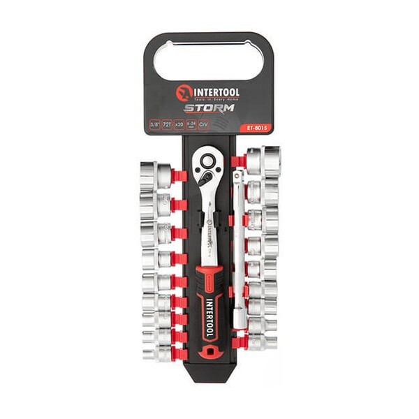 Набір головок 3/8 "6-24 мм., Подовжувач, рукоятка з храповим механізмом 72 зуба, 20ед., Cr-V STORM INTERTOOL
