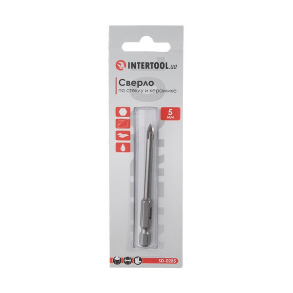 Свердло по склу та кераміці 5 мм HEX 1/4'' (6.35 mm) INTERTOOL SD-0285