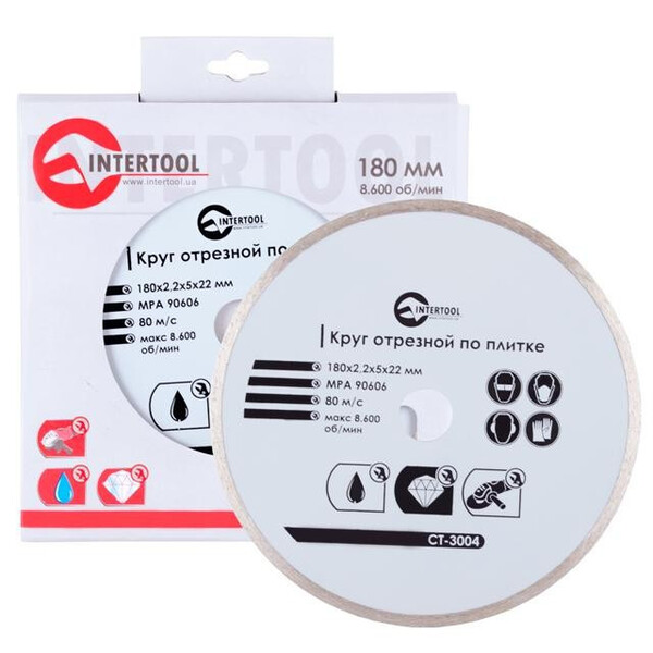 Диск відрізний алмазний по плитці, з суцільною крайкою, 180 мм, 16-18% INTERTOOL CT-3004