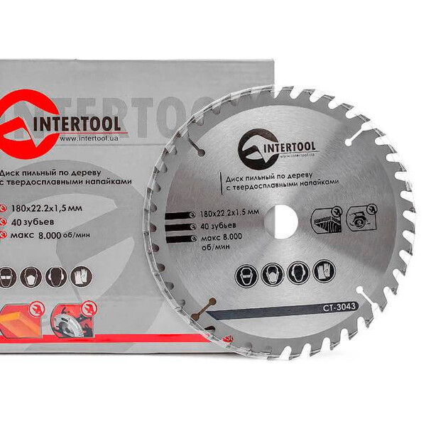 Диск пильний по деревині із твердосплавними напайками 180x22x1.5 мм, 40 зубів INTERTOOL CT-3043