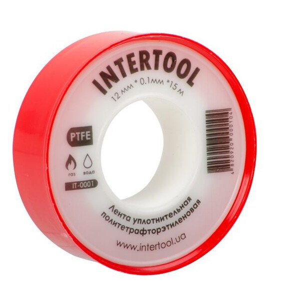 Стрічка тефлонова, фум (политетрафторетиленова) 15 м*0.1 мм*12 мм, 0.2 г/см³ INTERTOOL IT-0001