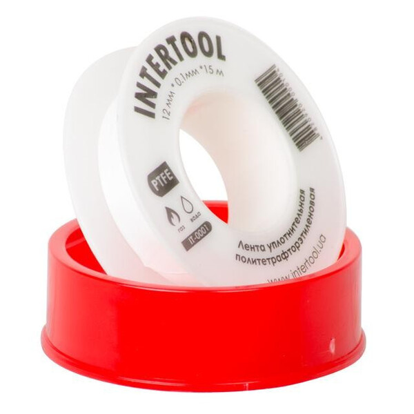 Стрічка тефлонова, фум (политетрафторетиленова) 15 м*0.1 мм*12 мм, 0.2 г/см³ INTERTOOL IT-0001