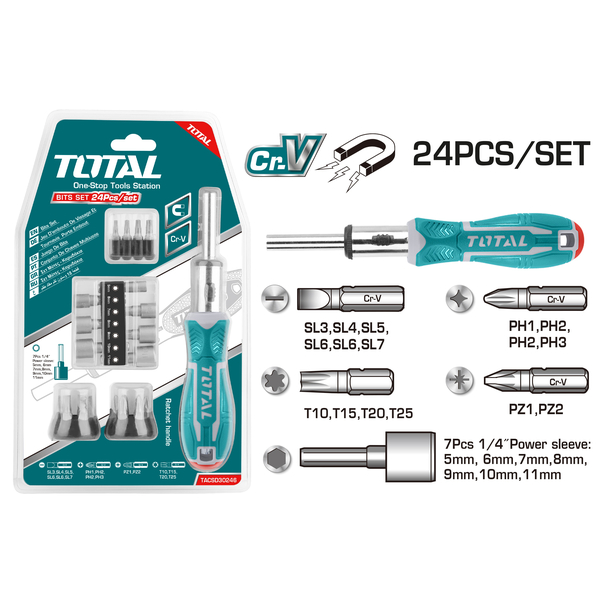 Викрутка Total з реверсом і зі змінними насадками 24 шт. (TACSD30246)