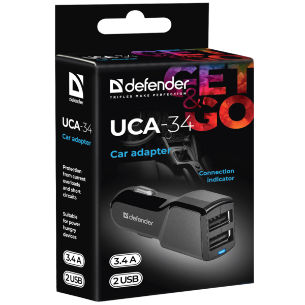 Автомобільний зарядний пристрій Defender UCA-34 2xUSB, 5V / 3.4A (83834)